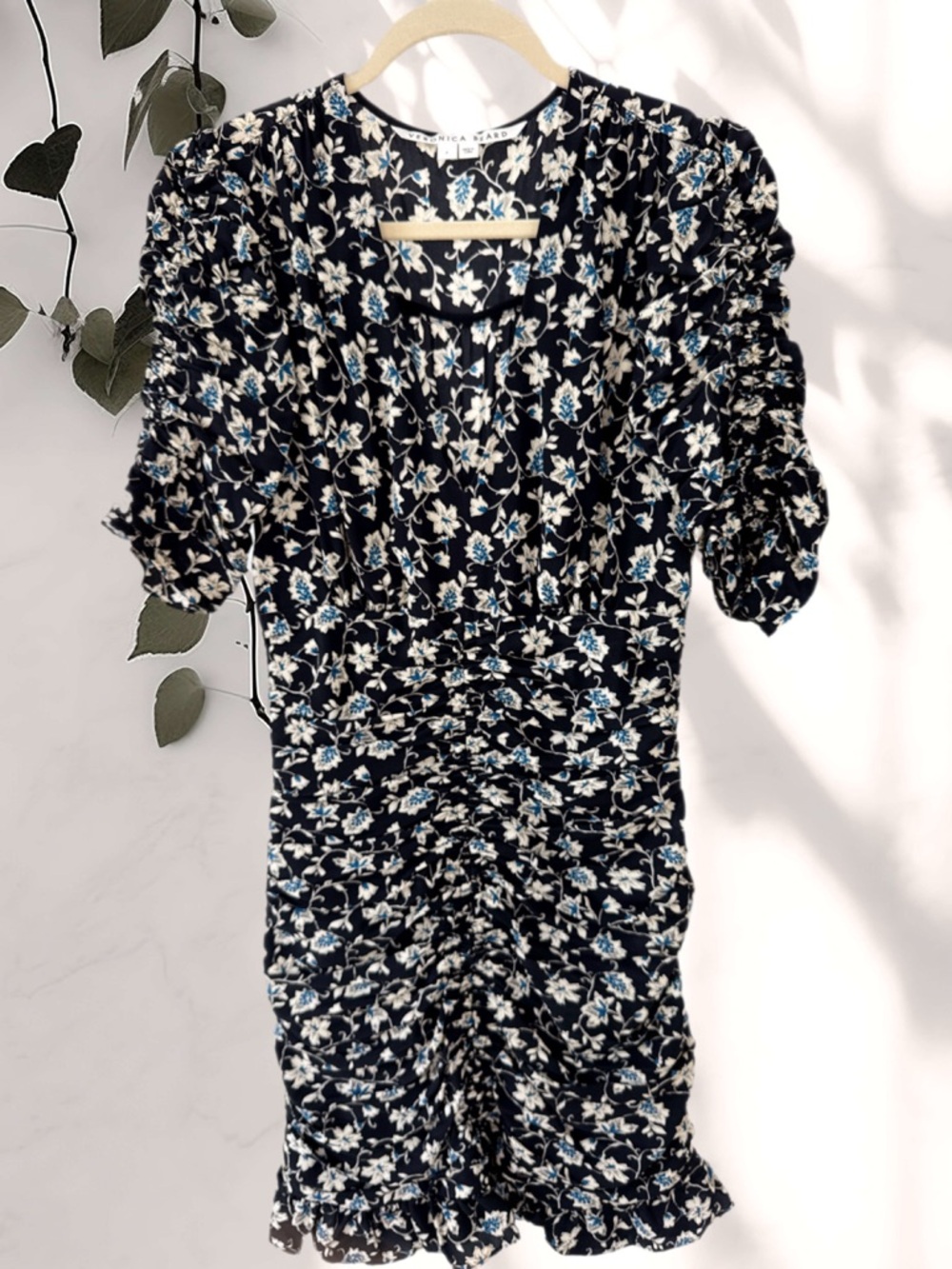 Veronica Beard Navy Floral Ruched Mini Dress with Cream and Light Blue Accents